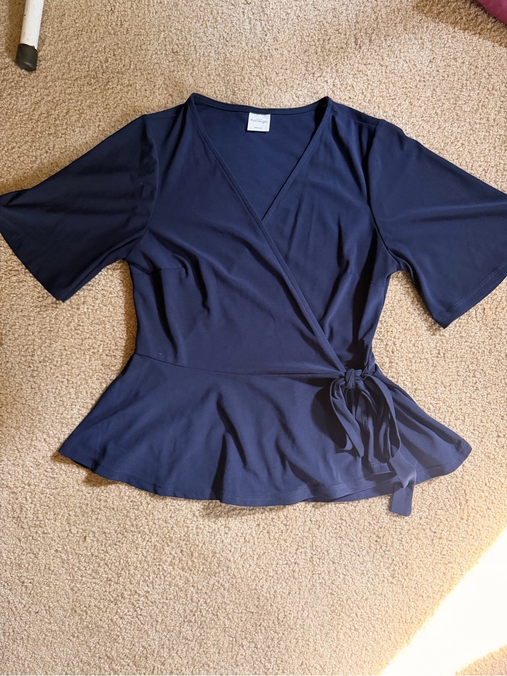 Kaileigh Navy Wrap Peplum Blouse with Tie Waist